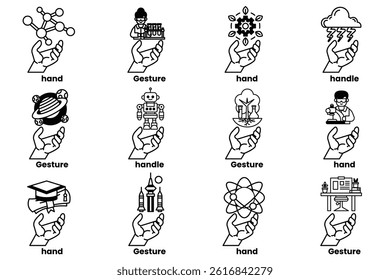 A Set of illustrations of hands and things in line art style