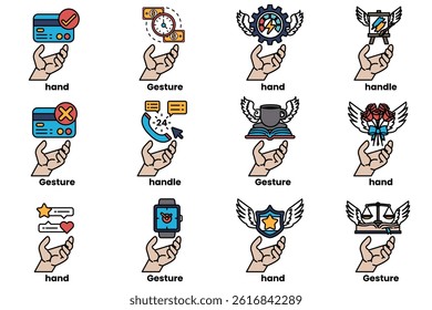 A Set of illustrations of hands and things in line art style