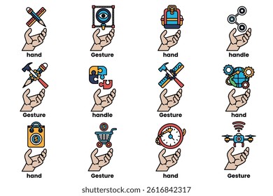 A Set of illustrations of hands and things in line art style