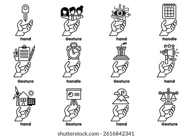 A Set of illustrations of hands and things in line art style