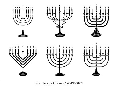 Set of illustrations of Hanukkah candle in engraving style isolated on white background. Design element for poster, card, banner, sign, emblem. Vector image