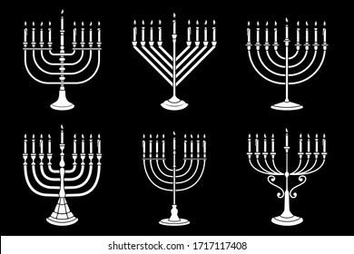 Set von Illustrationen der Hanukka-Kerze im Gravierstil einzeln auf weißem Hintergrund. Design-Element für Poster, Karte, Banner, Zeichen, Emblem. Vektorillustration-Bild