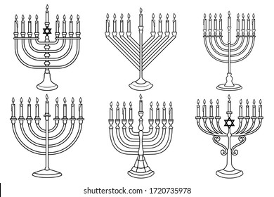 Set of Illustrations of Hanukkah candle in engraving style isolated on white background. Design element for poster, card, banner, sign, emblem. Vector image