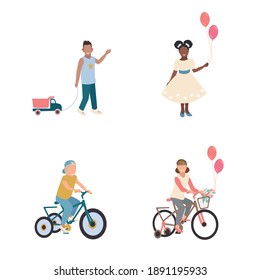 Set of illustrations of happy children isolated on white background. Children of different ages ride bicycles, walk with toys and water balls.