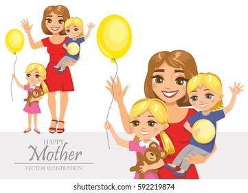 Set of illustrations of happy family. Happy mother with two children (portrait and full length view). Vector illustration isolated on white