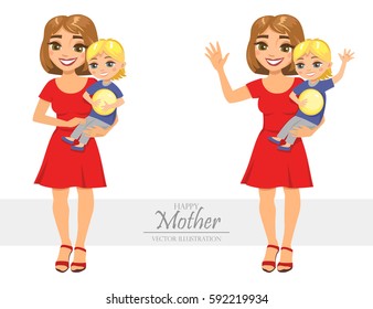 Set of illustrations of happy family. Smiling mother with her child. Vector illustration isolated on white