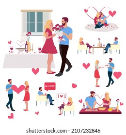 Set of illustrations for Happy Valentine's Day with young couples in love. Relationship, Love, Valentine's day, Romantic dinner, date, communication