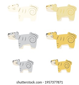 set of illustrations of hariko-no-tora(tiger doll) in different colors.