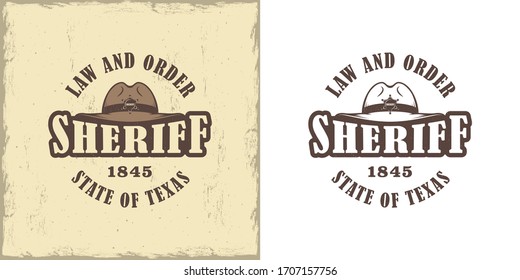 Set of illustrations hat, sheriff star, text, white background, background with grunge texture. Vector illustration on the theme of the wild west. American Western.