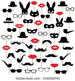 Set Illustrations of hats, glasses, masks, lips and moustaches. Vector