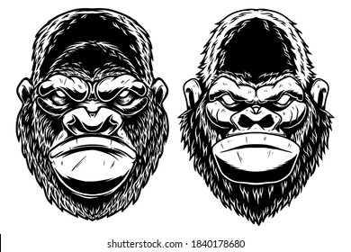 Set of Illustrations of head of gorilla ape in vintage monochrome style. Design element for logo, emblem, sign, poster, card, banner. Vector illustration