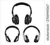 Set of illustrations of headphones. Design element for emblem, sign, badge. Vector headphones image