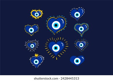 Set ilustraciones Corazones Malvado Protección de ojos sobre fondo azul