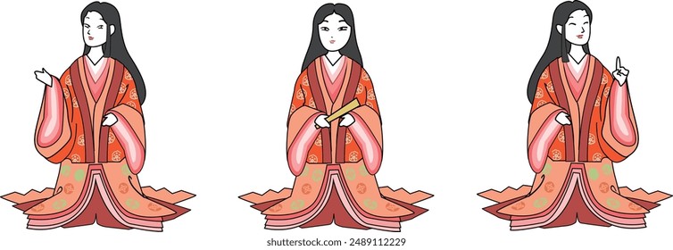 A set of illustrations of Heian period aristocratic women.