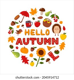 Set of illustrations Hello Autumn with typography. Colorful fall collection. Isolated flat vector illustrations on white background