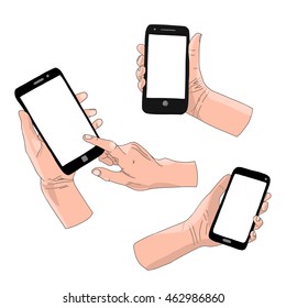 Set illustrations hold hand smart phones. Vector set for a mobile app user interface or manual.