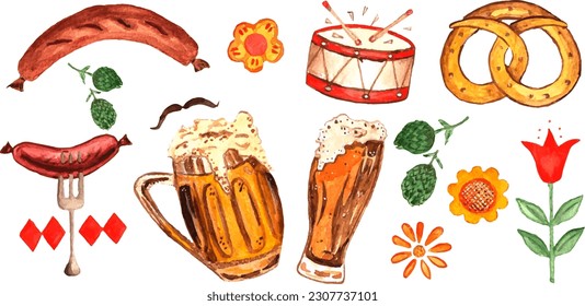 Reihe von Illustrationen für den Feiertag "Oktoberfest". Sie können Ihre eigenen Postkarten erstellen, Muster und mehr anordnen