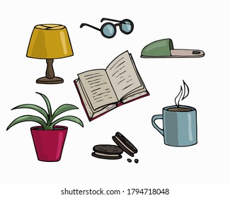 Set of illustrations of home comfort items. Table lamp, book, reading glasses, houseplant, coffee mug and cookies, house slippers. Individual elements