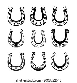 Set of illustrations of horseshoe. Design element for poster, card, logo, label, sign. Vector illustration