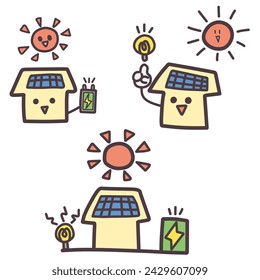 Set of illustrations of house characters and the sun with images of solar power generation at home