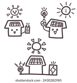 Set of illustrations of house characters and the sun with images of solar power generation at home