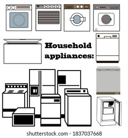 Set of illustrations of household appliances with refrigerator, washing machine and microwave