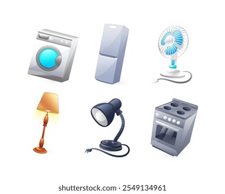 Set von Illustrationen von Haushaltsgeräten, Kühlschrank, Waschmaschine, Küchenherd, Stehlampe, Tischlampe, Ventilator, realistisch im 3D-Stil.