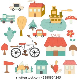 A set with illustrations of houses, a ship, cars, a sign, a bicycle, flowers, trees, mushrooms and cacti. Suitable for creating patterns, decorating business cards, flower shops, printing and websites