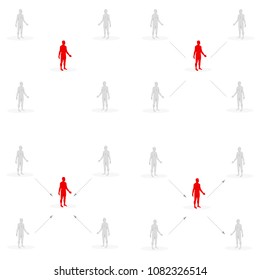 Set of illustrations human behavior of perception and transmission of information. White human bodies on the sides and a red human body in the center. Different patterns of behavior. Vector.