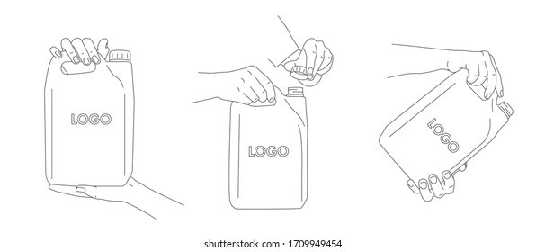 Set of illustrations of human hands holding oil tank or canister with logo, pour the oil liquid, spin the cap of the can, hold jerrycan