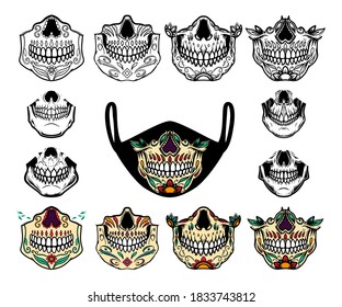 Set of illustrations of human jaw bone from mexican sugar skulls. For printing on face guard medical masks. Vector illustration