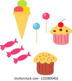 set of illustrations of ice cream candy and lollipops cakes