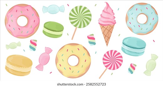 Set of illustrations of ice cream, candy, lollipops, donuts, marshmallow and macaroons. Watercolor painting. Vector elements design.