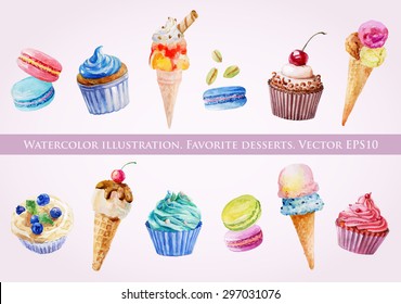 Set of illustrations of ice cream, muffins and macaroons. Watercolor painting. Vector elements for your design.