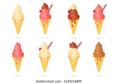 A set of illustrations of ice cream in a waffle cup with different flavors and additives. Ice cream, slightly melted, drips onto a waffle cup. Stock vector illustration. Isolated white background.