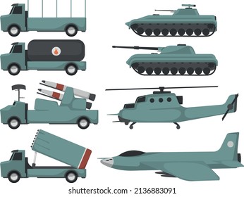 A set of illustrations of icons of combat vehicles, tanks, armored personnel carriers, infantry fighting vehicles, air defense, MLRS aircraft, helicopters. 
