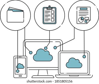 A set of illustrations and icons for digital devices, clouds, data such as documents and files