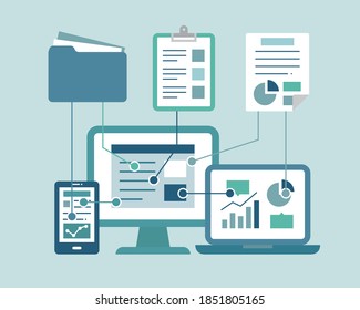 A set of illustrations and icons for digital devices, clouds, data such as documents and files