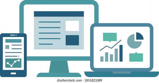 Un conjunto de ilustraciones e iconos para dispositivos digitales como computadoras personales, computadoras portátiles y teléfonos inteligentes que muestran gráficos, datos e información.