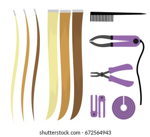 Set of illustrations of icons of hair extensions. Hairdresser tools for the procedure. Overhead curls