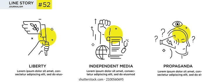 Set of illustrations icons propaganda, free media, protest, investigation