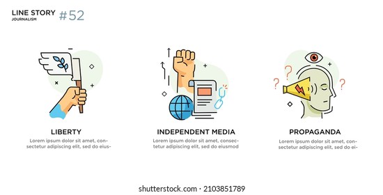 Set of illustrations icons propaganda, free media, protest, investigation