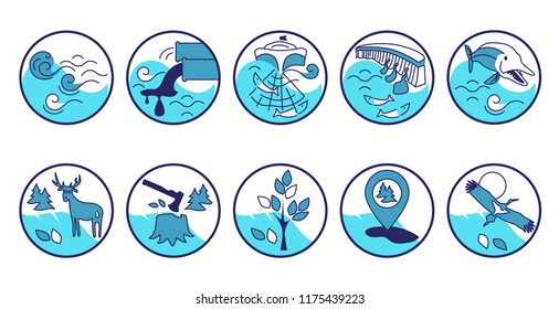 Set of illustrations, icons, stickers, round signs about environmental protection, ecology, water, forest, animals, poaching.