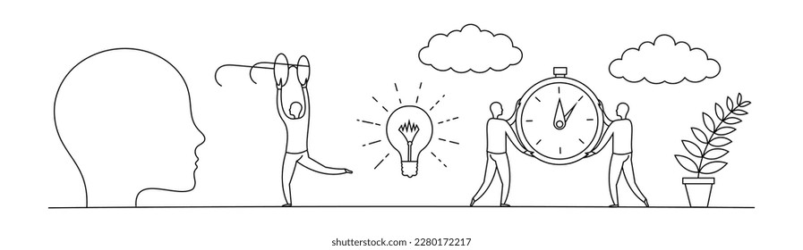 Set of illustrations of idea generation and self education. Characters see goals, invent and solve problems within the allotted time. The concept of thinking and self-development. Outline vector.