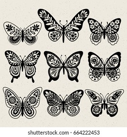 Set of illustrations illustration with butterflies. Black and white. Freehand drawing