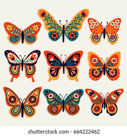 Set of illustrations illustration with butterflies. Freehand drawing