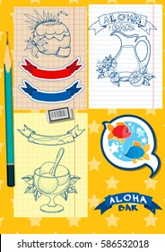 A set of illustrations with the image of juice, cocktails and ice cream. Banners and nakleka with fish.