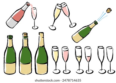 Set of illustrations of images of various scenes of champagne bottles and glasses