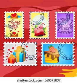 Set of illustrations with an imitation of stamps on the theme of love and gifts.