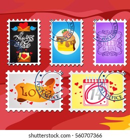 Set of illustrations with an imitation of stamps on the theme of love and gifts.
